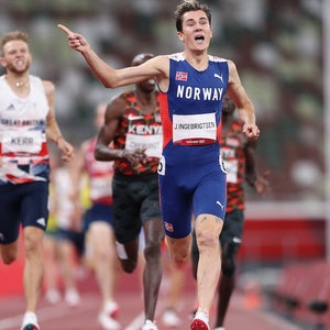 Jakob Ingebrigtsen of Team Norway celebrating his gold medal win as he crosses the finish line in Tokyo in the men's 1500m final.
