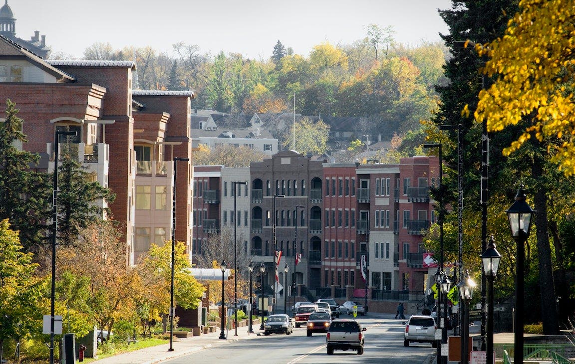 Small town, downtown, in the fall.