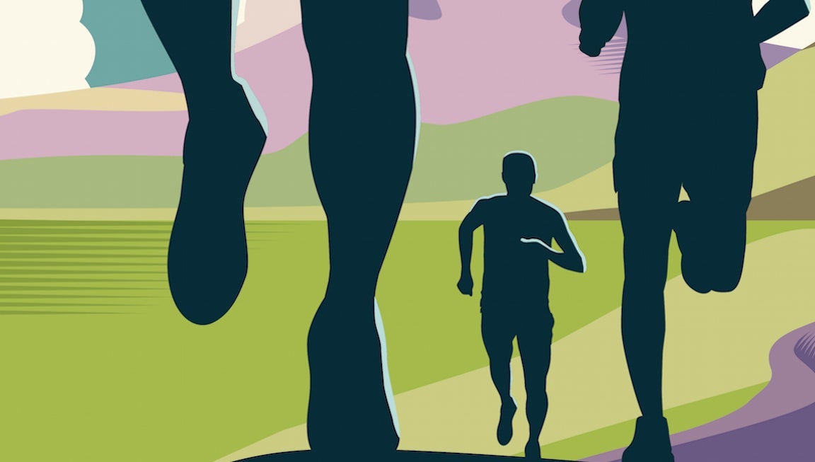 Abstract illustration of runners running up hills.