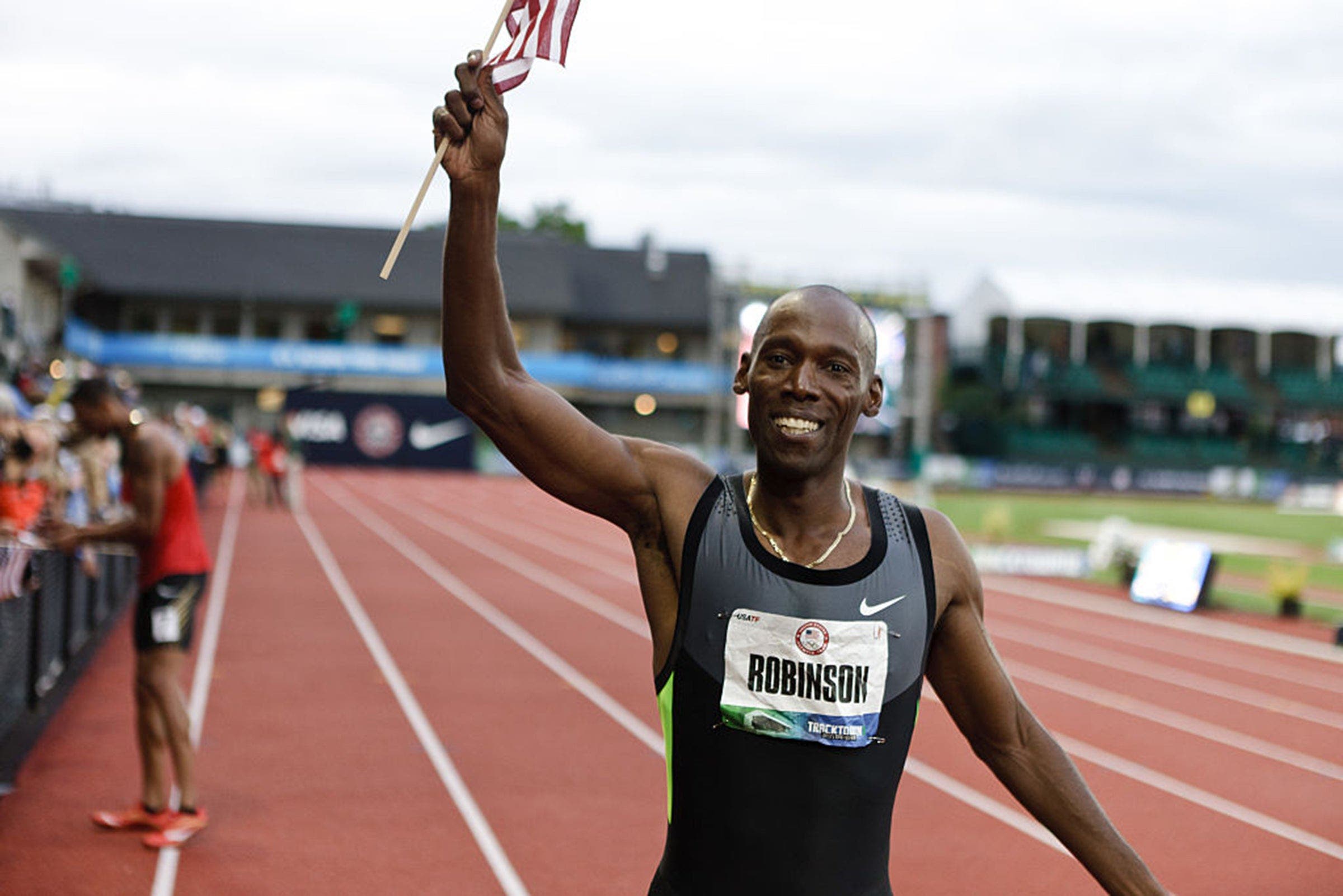 2012 USATF Olympic Team Trials Kadevis Robinson victory lap men's 800m final