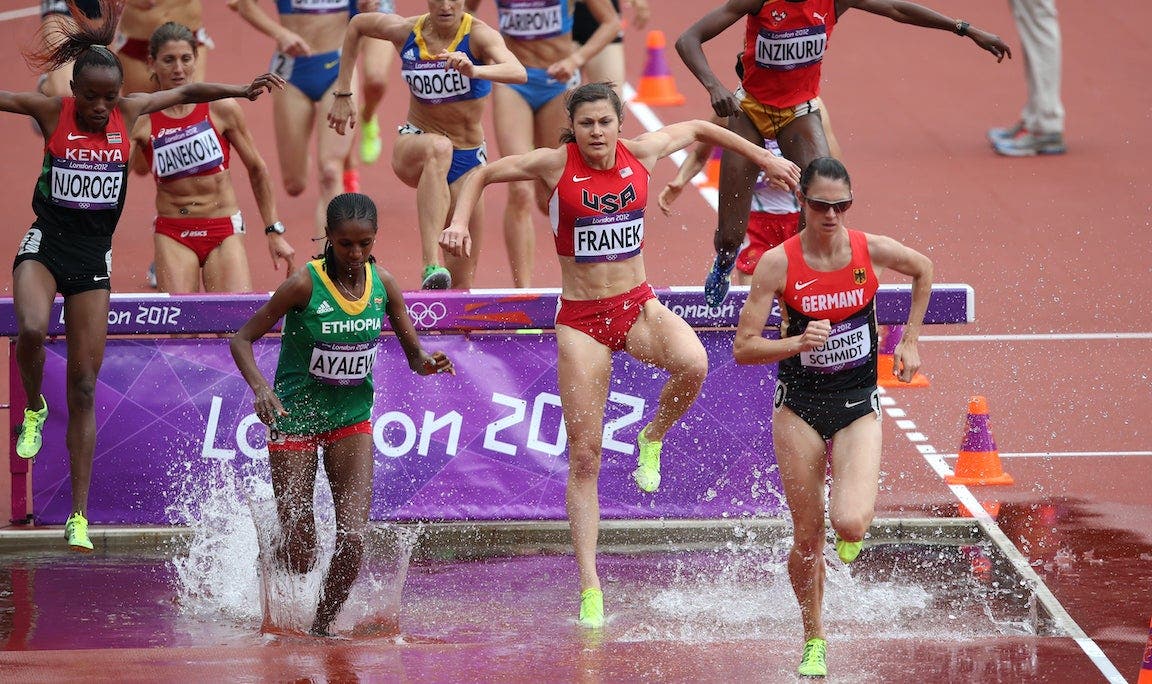 Bridget Franek, USA, in action during round one of the Women's 3000m Steeplechase at the Olympic Stadium at Olympic Park, during the London 2012 Olympic games.