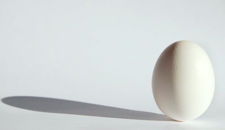 Uncracked egg standing up against white background with shadow.