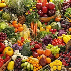 Lot's of colorful fruits and vegetables.
