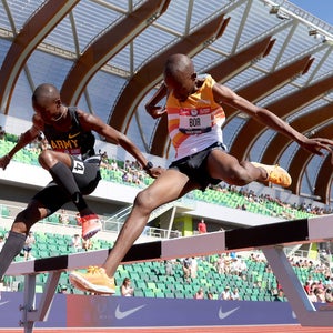 EUGENE, OREGON - JUNE 25: Hillary Bor and Benard Keter compete in the Men's 3000 Meters Steeplechase Final during day eight of the 2020 U.S. Olympic Track & Field Team Trials at Hayward Field on June 25, 2021 in Eugene, Oregon.