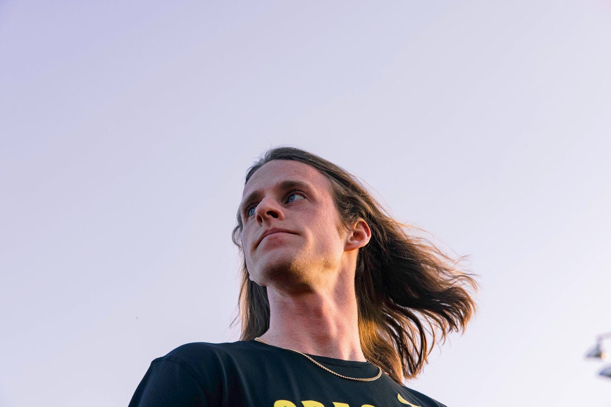 Cole Hocker with hair flowing in wind