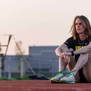 Cole Hocker sitting on Oregon track