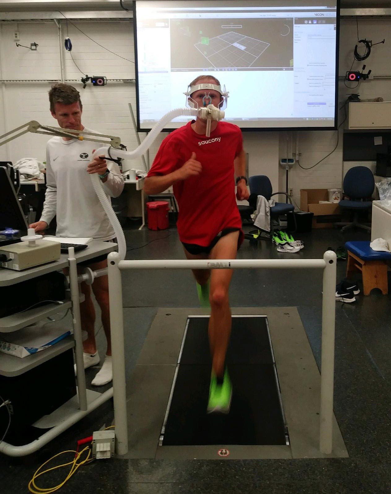 Jared Ward testing shoes in Iain Hunter's BYU running biomechanics lab