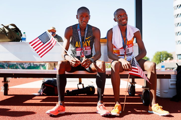 Hillary Bor and Benard Keter celebrate after the Men's 3000 Meters Steeplechase Final at the 2020 U.S. Olympic Track & Field Team Trials at Hayward Field on June 25, 2021 in Eugene, Oregon.