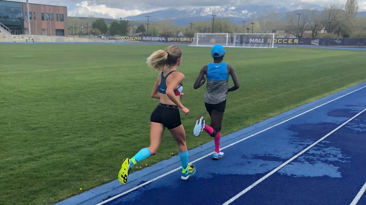 Kellyn Taylor, Aliphine Tuliamuk training on the track in Flagstaff 