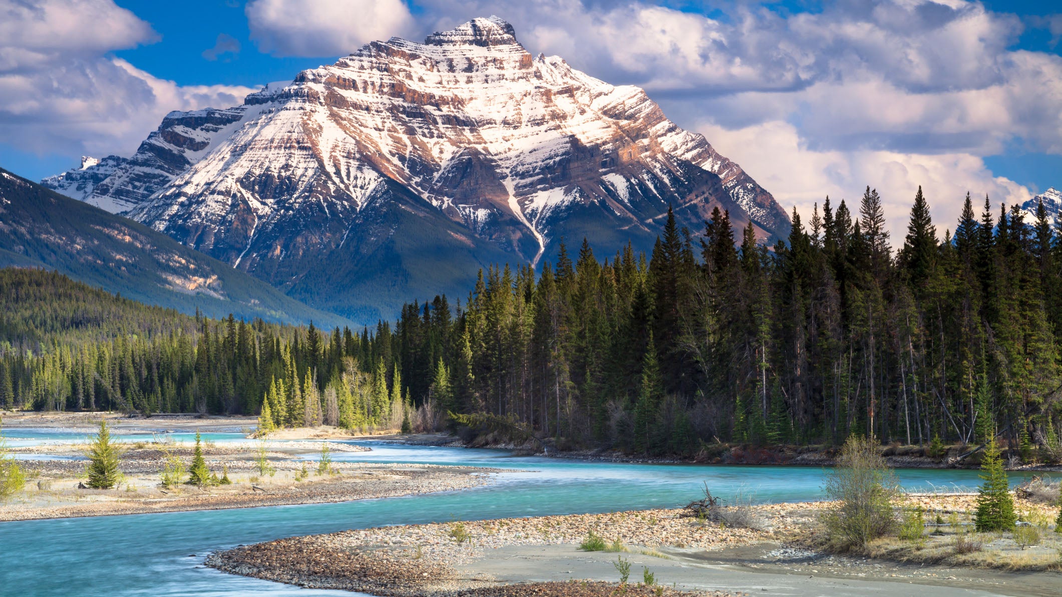The Athabasca River and Mount Kerkeslin, near the town of Jasper, Alberta