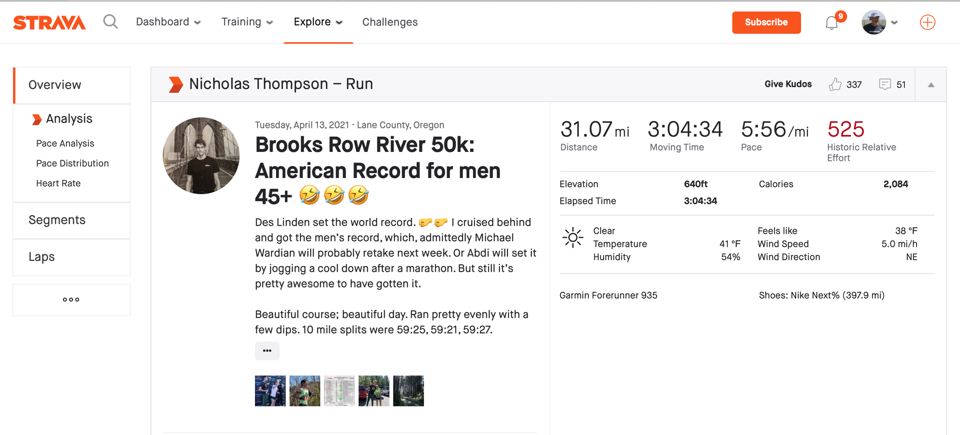 Strava post of 50K Age Group AR