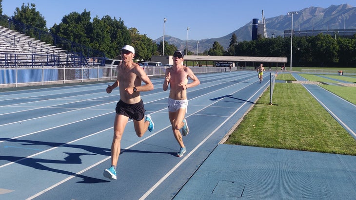 Jared Ward and Connor McMillan training on the track