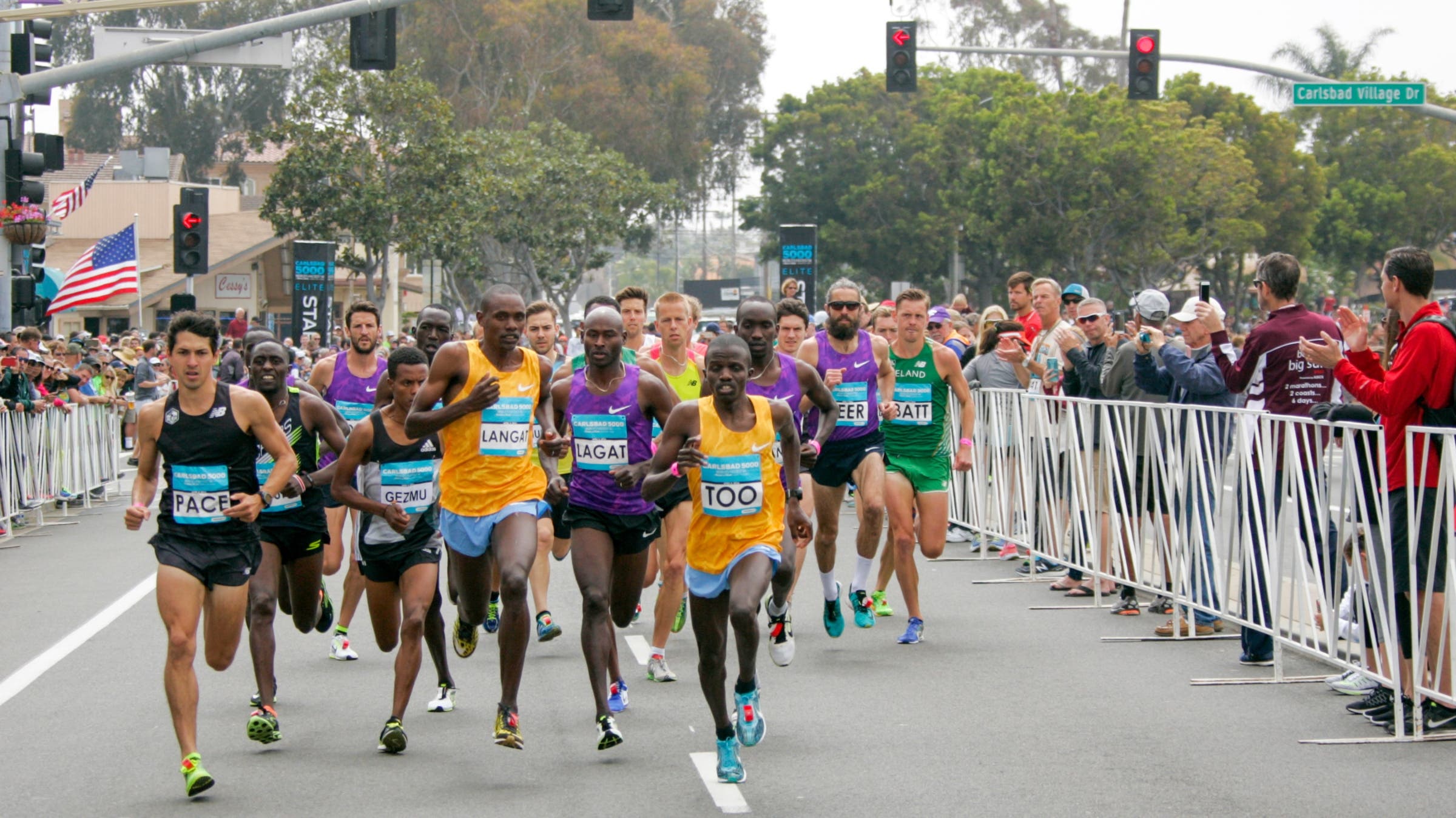 Elite runners race in the Carlsbad 5000 in Carlsbad, CA.
