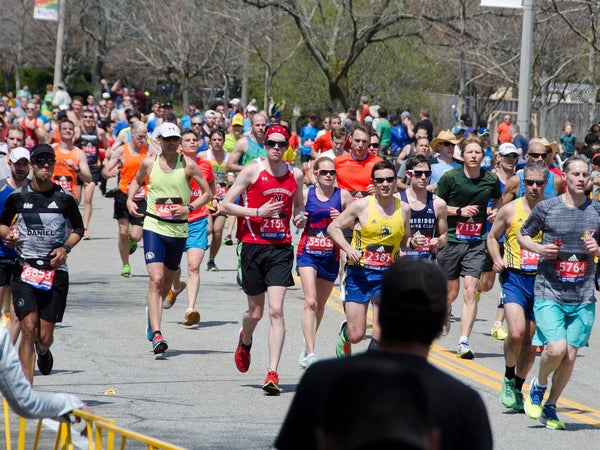 Boston Marathon runners running at mile 20