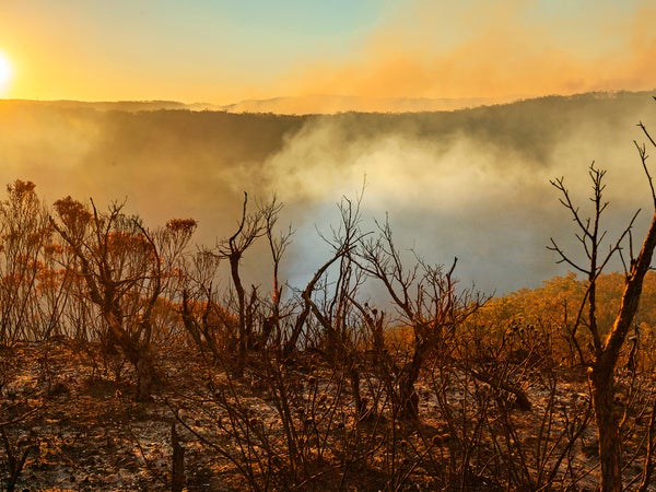 Sun setting in burnt smouldering mountain landscape with smoke filled valley after forest fire, bushfire in Blue Mountains, Australia