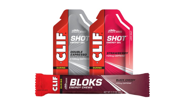 Two Clif Shot gels behind a Clif Blok packet