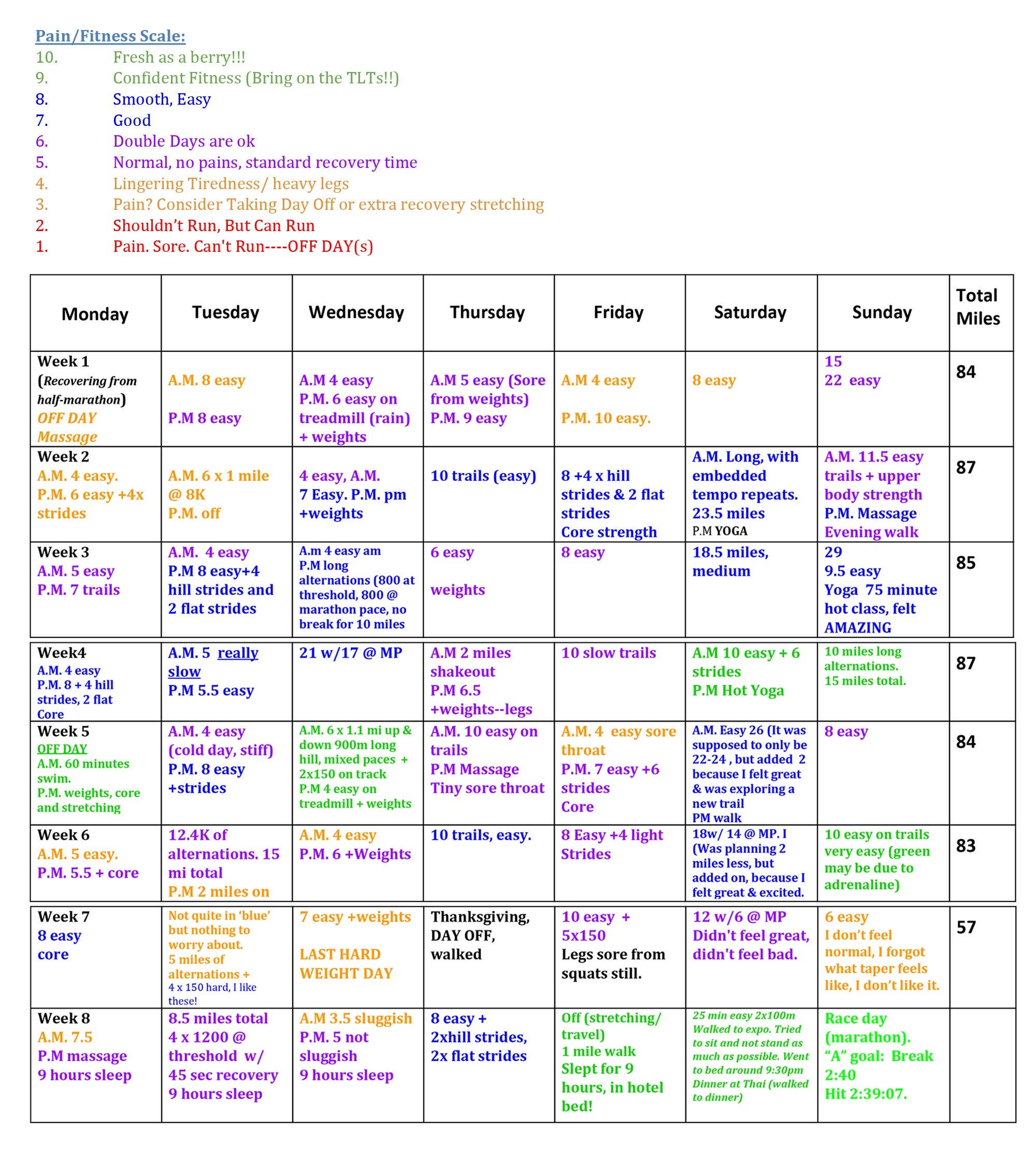 sample color-coded training log