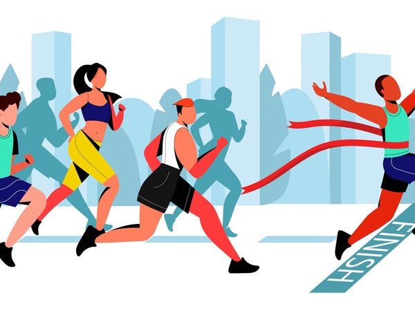 Young guy wins in city marathon. Vector flat cartoon horizontal illustration.