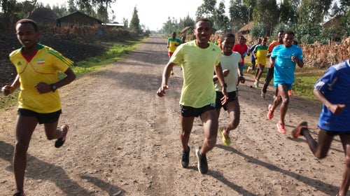 Ethiopian runners train on the hard, gravelly coroconch road.