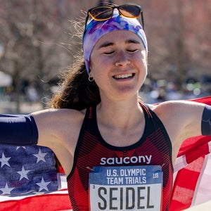 Molly Seidel reacts after finishing runner-up in the 2020 Olympic Marathon Trials.