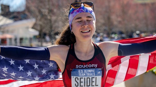 Molly Seidel reacts after finishing runner-up in the 2020 Olympic Marathon Trials.
