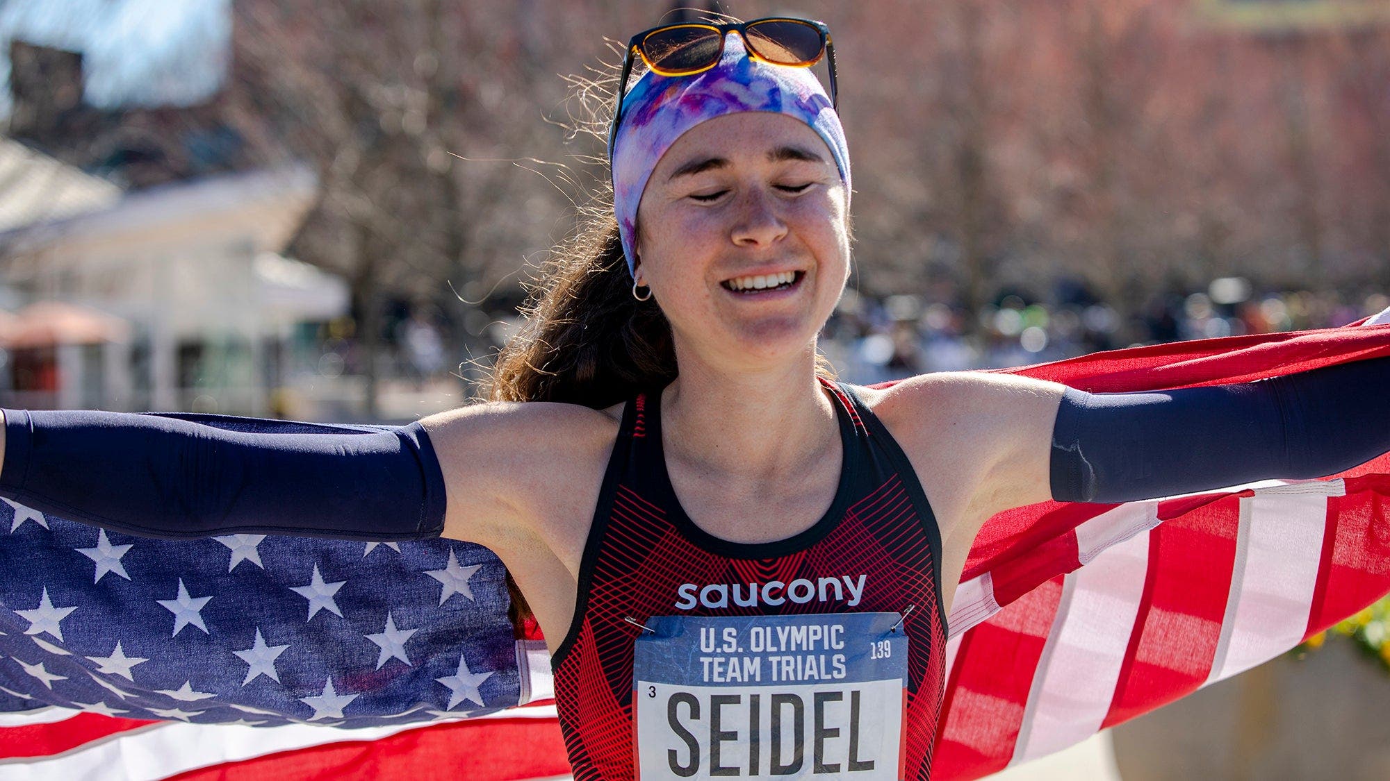 Molly Seidel reacts after finishing runner-up in the 2020 Olympic Marathon Trials.