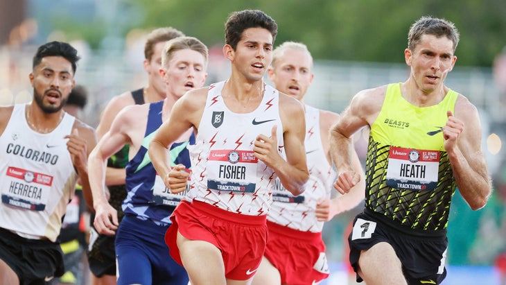 Grant Fisher and Garrett Heath compete in the first round of the Men's 5,000 Meter Run on day seven of the 2020 U.S. Olympic Track & Field Team Trials at Hayward Field on June 24, 2021 in Eugene, Oregon.