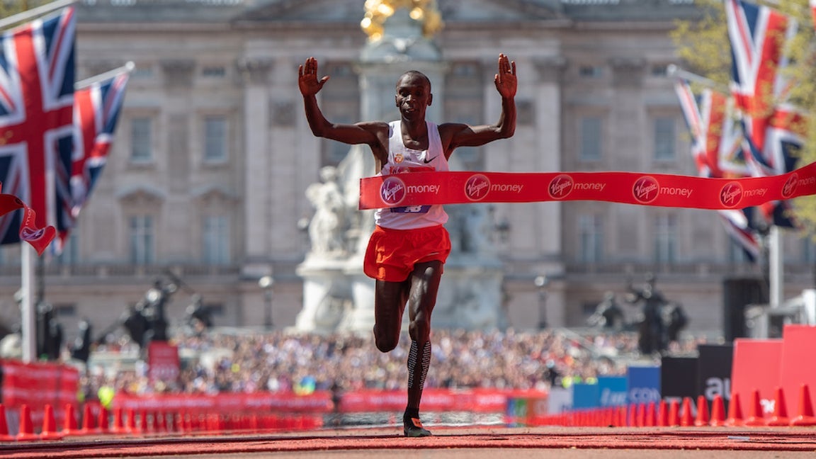 Eliud Kipchoge KEN crosses the line to win the Elite Men's Race. The Virgin Money London Marathon, 22 April 2018.