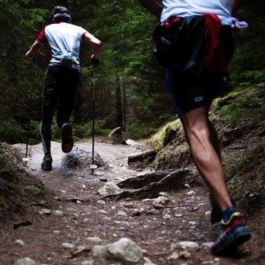 Trail runners running up a hill.