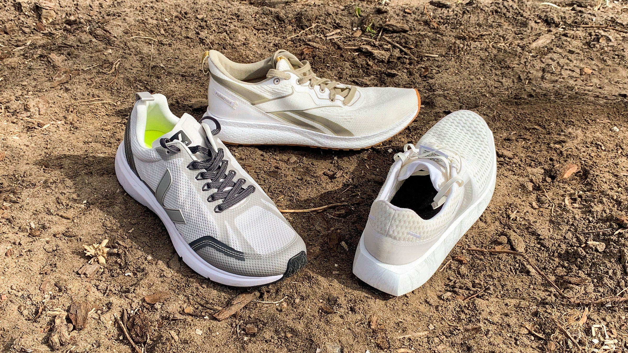 eco-friendly running shoes sitting in a garden