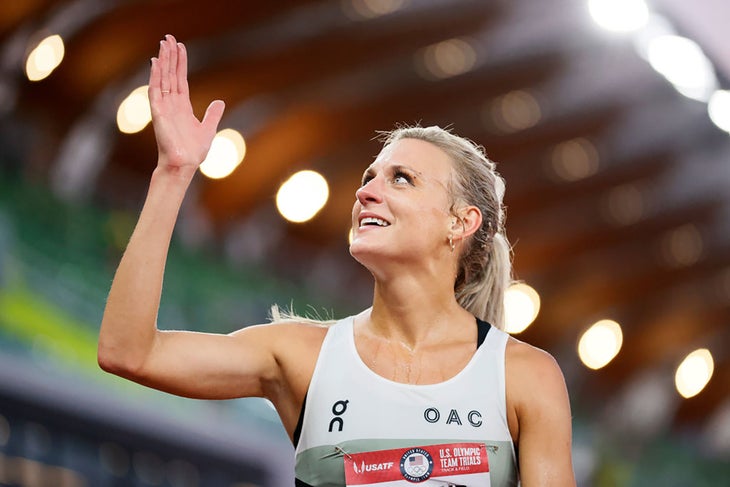 Leah Falland blows a kiss after finishing 9th in the Women's 3,000 Meter Steeplechase Final on day seven of the 2020 U.S. Olympic Track & Field Team Trials at Hayward Field on June 24, 2021 in Eugene, Oregon.