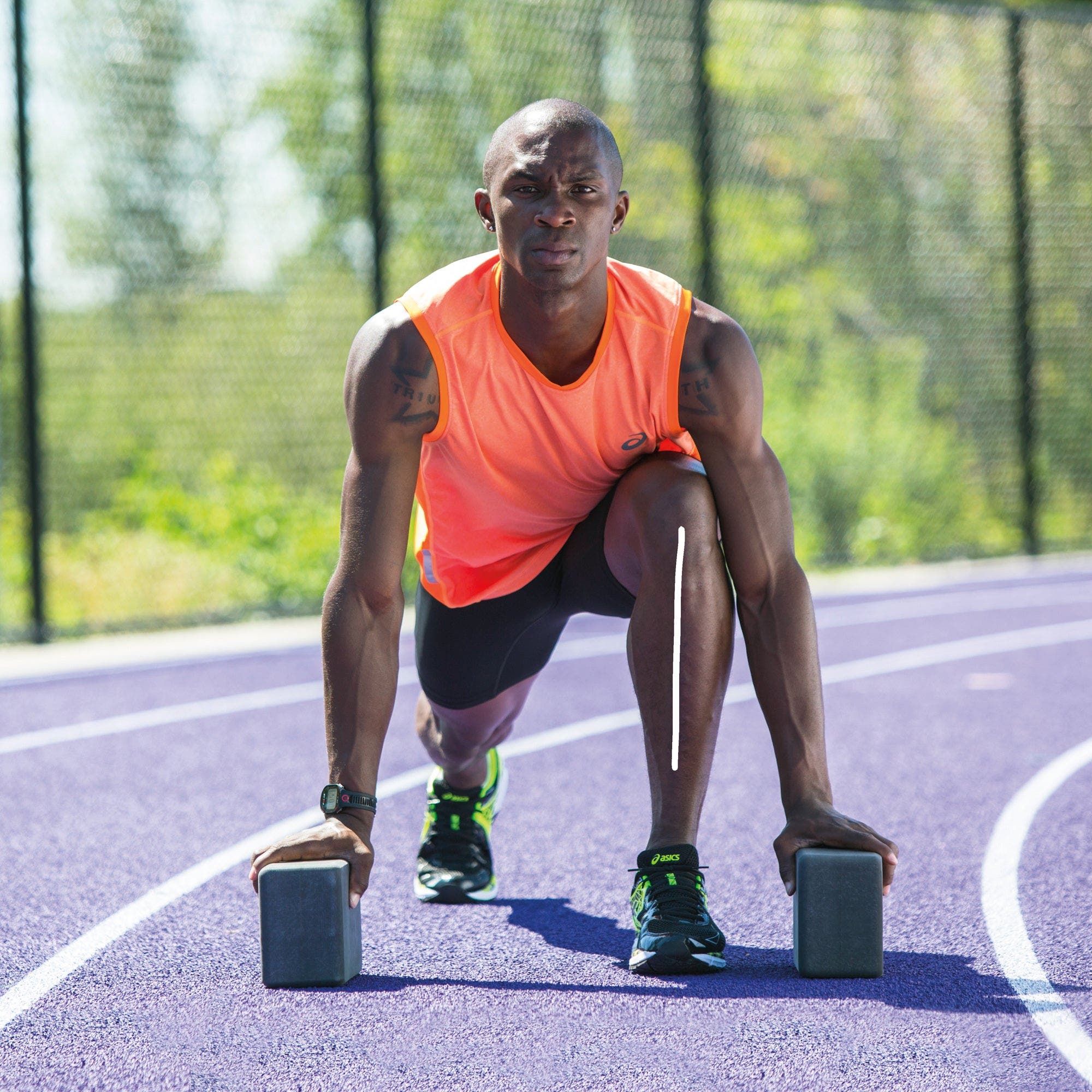Man showing correct lunge form with yoga blocks for support