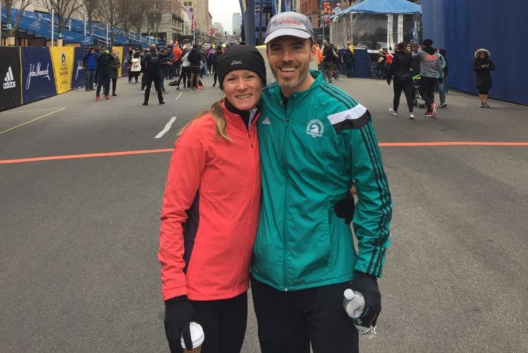 Gina Rouse and her husband and fellow marathoner, Matt before the 2018 Boston Marathon