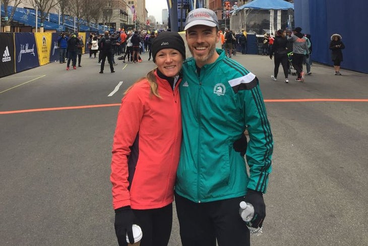 Gina Rouse and her husband and fellow marathoner, Matt before the 2018 Boston Marathon