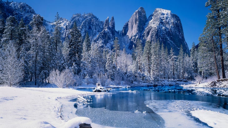Cathedral Peaks and the Merced River in Yosemite National Park, CA