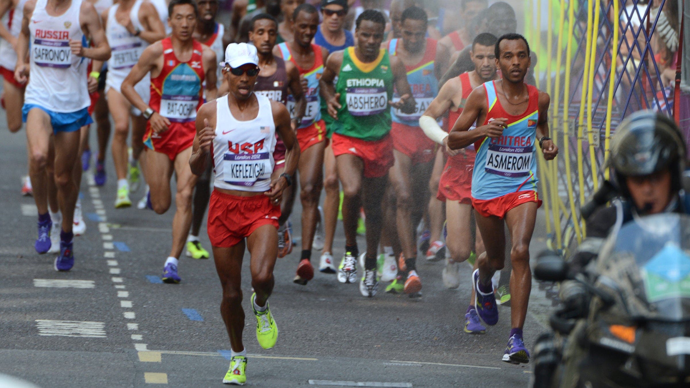 Mebrahtom Keflezighi battled to fourth in the men's marathon during the London 2012 Olympic Games on August 12, 2012