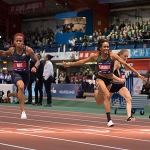 English Gardner crosses the finish line in the women's 60-meter sprint at the Millrose Games track and field meet, Saturday, Feb. 9, 2019