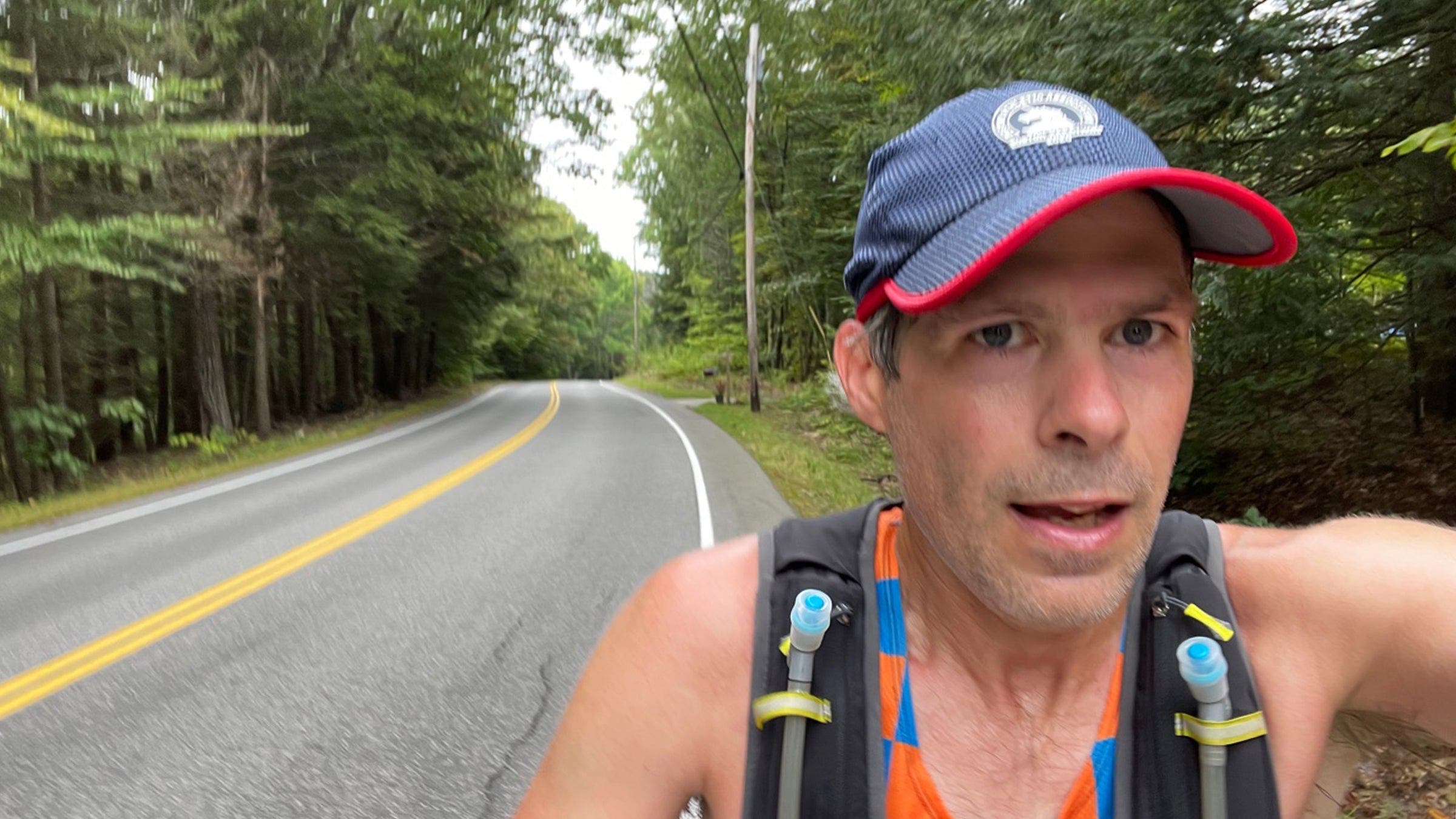 Michael Collin halfway up the hill on Mountain Road