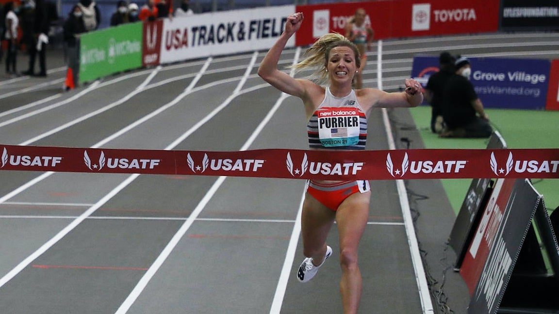 Elinor Purrier wins the Women's 2 mile final during the New Balance Indoor Grand Prix at Ocean Breeze Athletic Complex on February 13, 2021 in New York, New York.