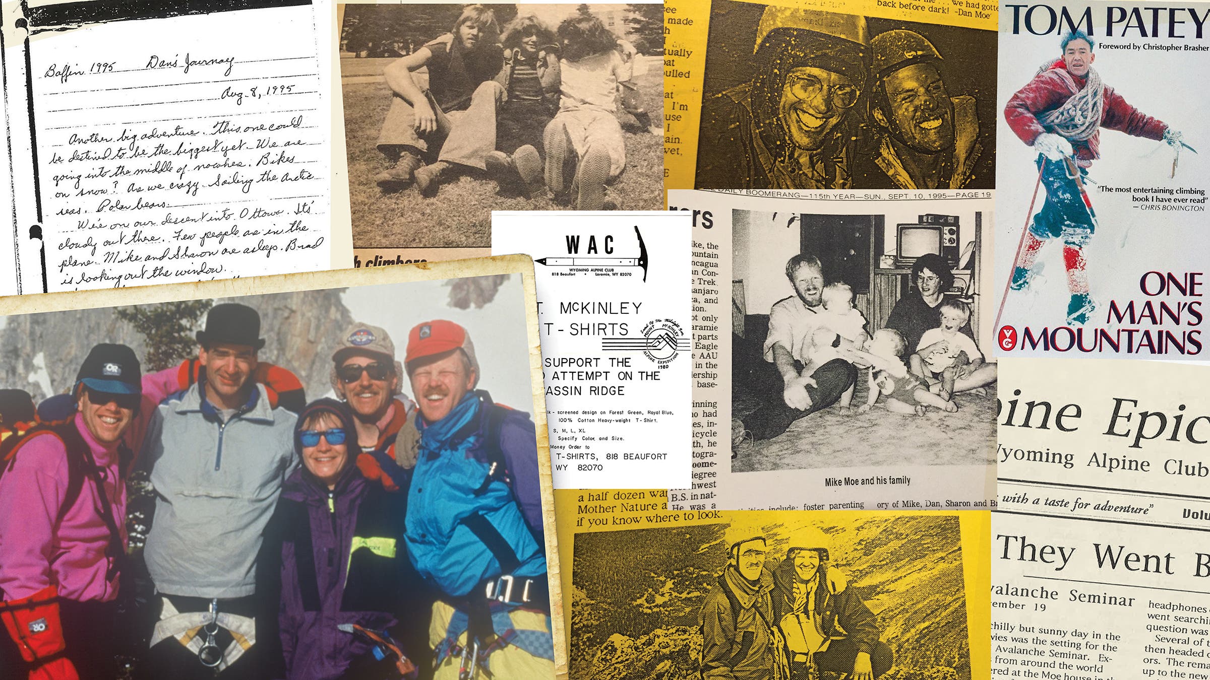 Scrapbook items from the club, including a group photo taken in Wyoming’s Snowy Range in the early 1990s