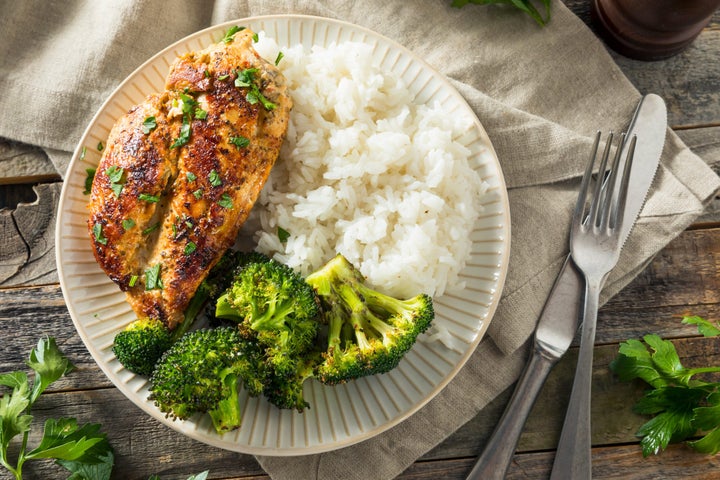 rice, chicken and broccoli