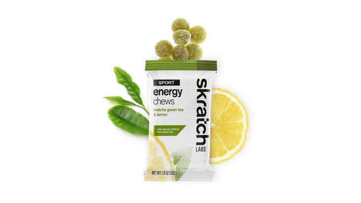 Skratch Labs energy chew packet with chews, leaves, and lemon slice
