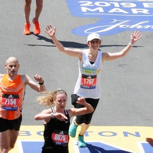 Tina Muir finishing the 2019 Boston Marathon
