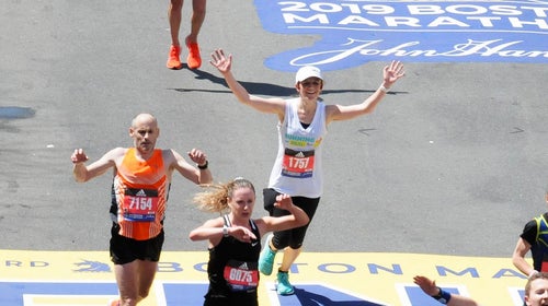 Tina Muir finishing the 2019 Boston Marathon