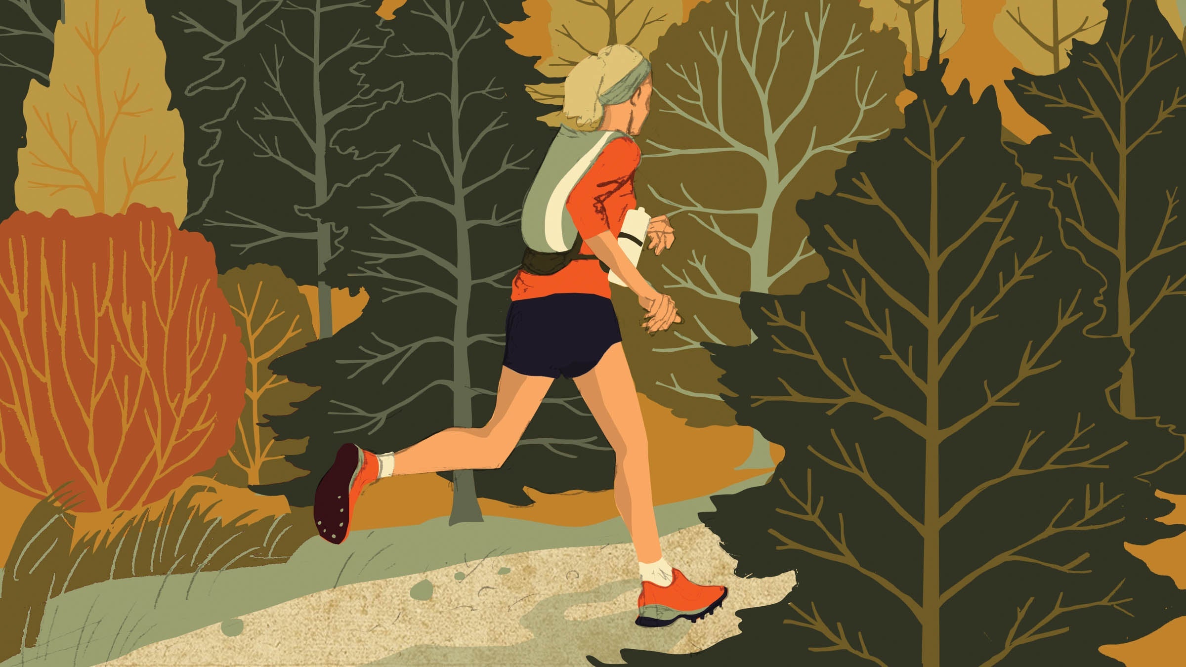 Illustration of a trail runner jogging through a forest