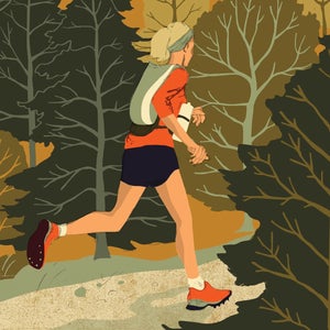 Illustration of a trail runner jogging through a forest