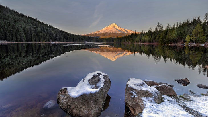 Alpenglow on Mount Hood at Trillium Lake in Winter