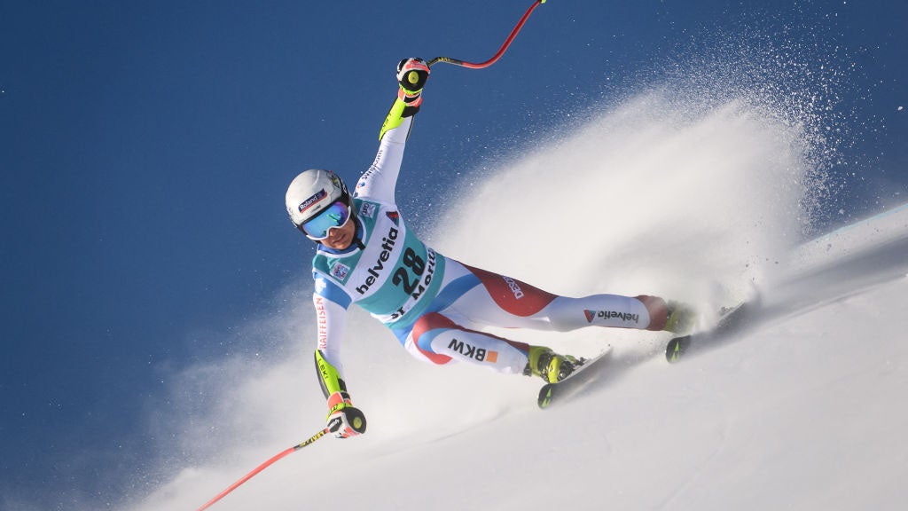 Switzerland's Jasmine Flury competes in the Women's Super G race during the Audi FIS Alpine Ski World Cup at St. Moritz, Switzerland, on December 12, 2021. (Photo by Fabrice COFFRINI / AFP) (Photo by FABRICE COFFRINI/AFP via Getty Images)
