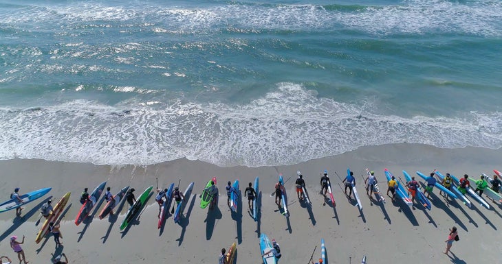 Paddleboarders at the starting line for the Carolina Cup paddleboarding race in Wilmington, North Carolina
