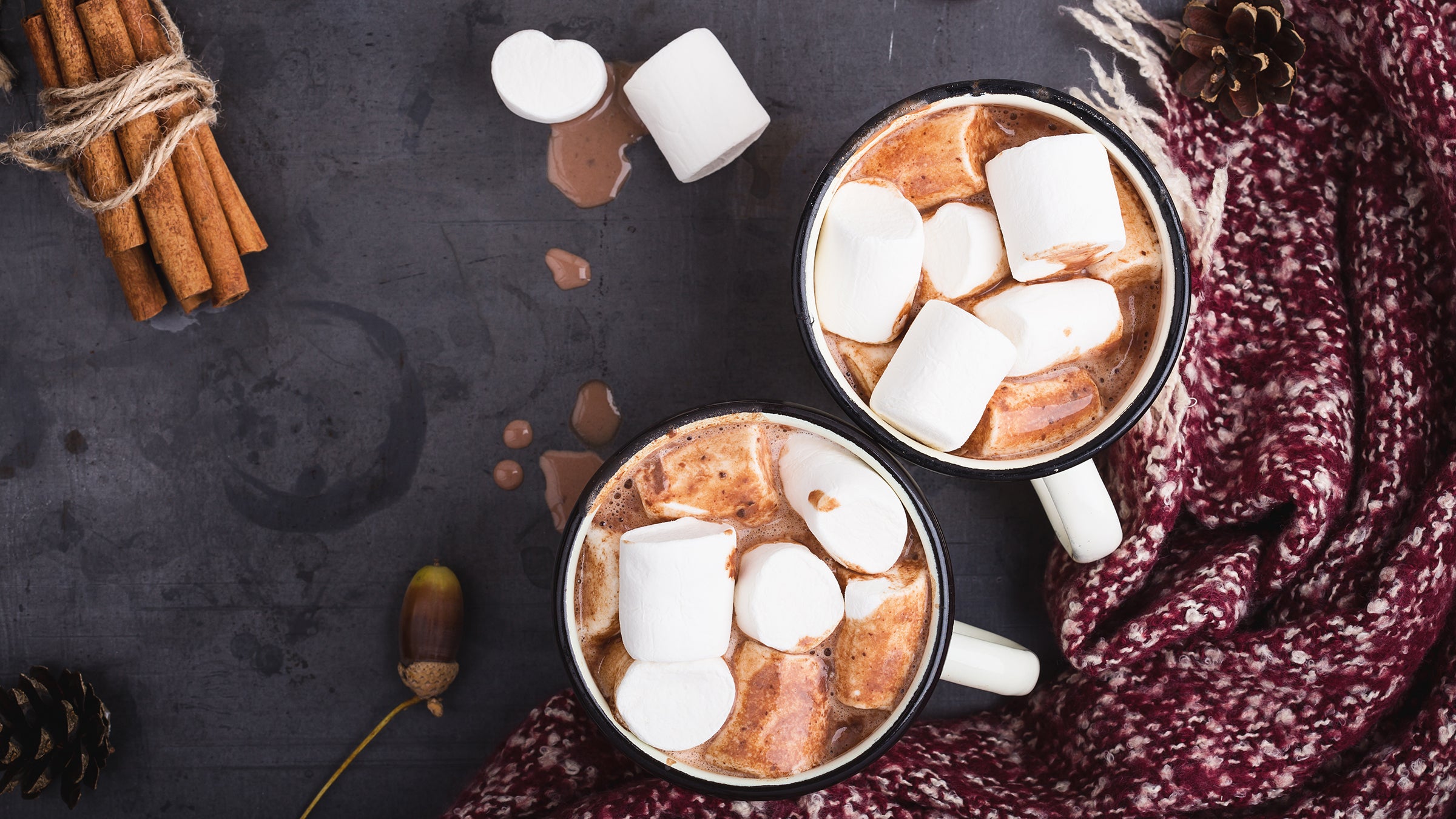 Hot chocolate served in vintage mugs with marshmallows